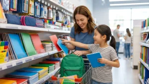 Padre e hijo comprando útiles escolares en una tienda